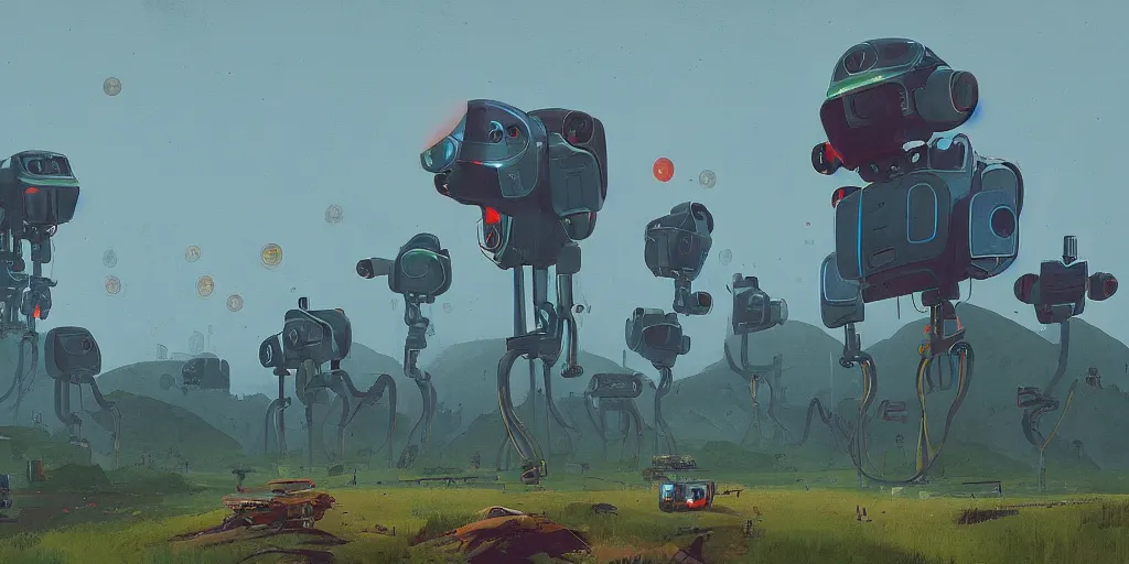 Prompt: green mountains with robots in the middle, by simon stalenhag