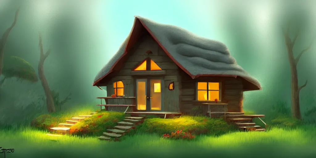 Image similar to a cozy little house in the woods, relaxing, concept art by scott zenteno