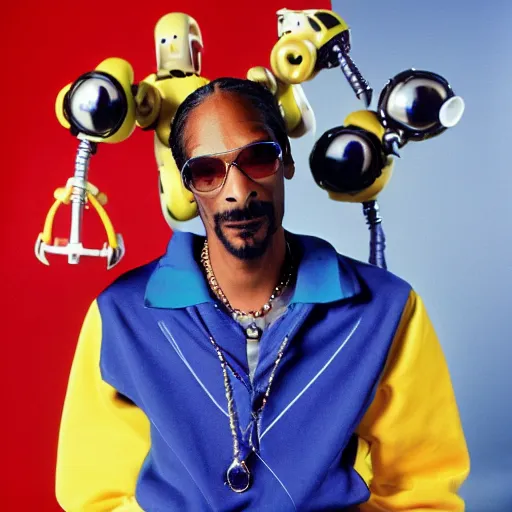 Image similar to Snoop Dogg holding two futuristic robots for a 1990s sitcom tv show, Studio Photograph, portrait, C 12.0