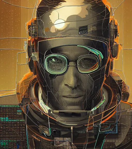 Image similar to a cyberpunk man with multiple digital patchwork faces, techwear, Industrial Scifi, detailed illustration, character portrait, by Martin Grip and Moebius