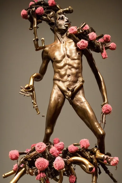 Prompt: Jean-Michel Basquiat as a full-body bronze baroque statue of Icarus in the posing like a bird for flight made entirely out of pipe cleaners, crown of peach roses made out pipe cleaners, flowing pink-colored silk, colorful pipe cleaners, flowers. baroque elements, human skull. full-length view. baroque element. intricate artwork by caravaggio. many many birds birds on background. Trending on artstation, octane render, cinematic lighting from the right, hyper realism, octane render, 8k, depth of field, 3D