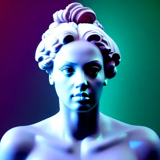 Image similar to sci - fi cgartist wide shot anaglyph ambient occlusion rendering of a hyper realistic marble greek statuary regal goddess head resembling ru paul glowing with embedded vaporwave leds product photo high key colored lighting, trending on artstation volumetric lighting