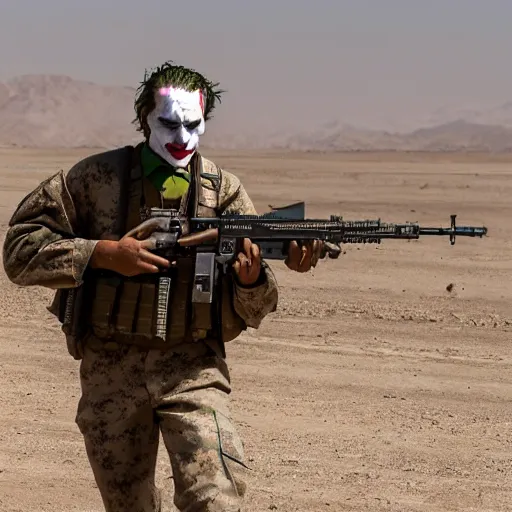 Image similar to cinematic shot of the joker as a us marine in afghanistan, 8 k, very detailed, very intricate,