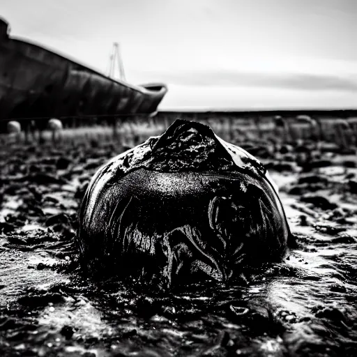 Image similar to mysterious black slime, black gooey liquid leaking out of crashed cargo ship, apocalyptic, ruined, 8 5 mm f / 1. 4