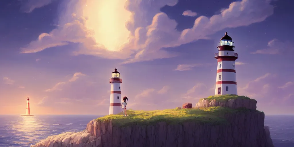 Image similar to the girl and the lighthouse. matte painting, anime, studio ghibli. intricate, elegant, super highly detailed, professional digital painting, artstation, concept art, smooth, Unreal Engine 5, Photorealism, HD quality, 8k resolution, cinema 4d, 3D, beautiful, cinematic