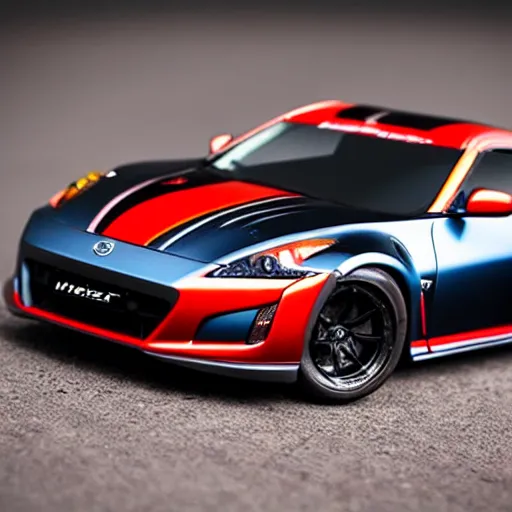Image similar to a hotwheel supercar based on the nissan 3 7 0 z and acura nsx, it has a red and black paint, photoreal, car photography, hotwheels, supercar,