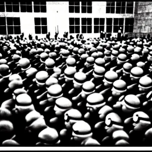 Image similar to The minions minions minions at the Nuremberg trials, monochrome, very low contrast, noise