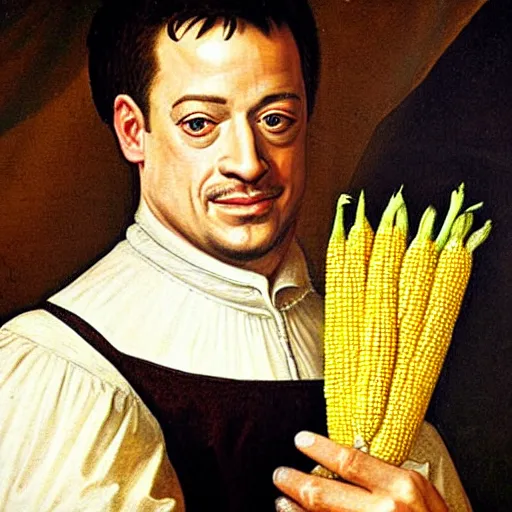 Image similar to a 1 6 0 0 s portrait painting of brendan fraser holding corn, intricate, elegant, highly detailed