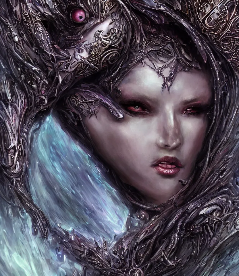 Image similar to close up portrait on the enchanting femenine queen of the zerg, hyper attractive, seductive, very complex, hyper-maximalist, overdetailed, legendary cinematic, darkfantasy, archetype with timeless beauty breathtaking eyes, her spider like legs spread evenly around her framing the image, collossal alien ship in the sky behind her, highly intricate, digital art, very elegant, HDR 8K, biblical art, realism, incomprehensible yet perspicious detail, unbeatable quality, silent hill aesthetic, photorealistic, lifelike, DSLR 8k, unbeatable coherency, Omnious intricate, octane render, created Nixeu & z--ed from deviantart