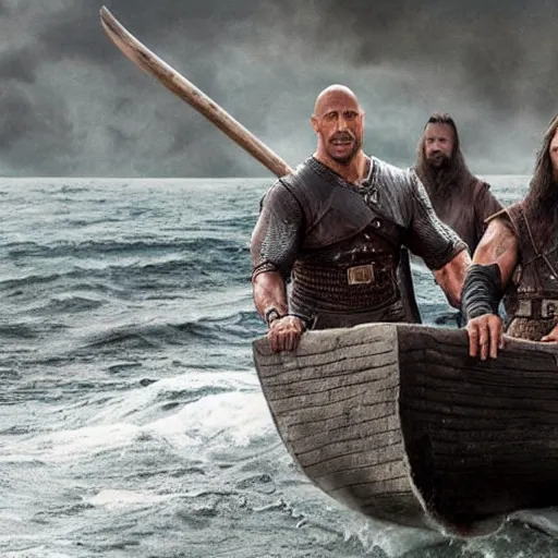 Image similar to dwayne johnson in vikings on a boat 4 k quality super realistic