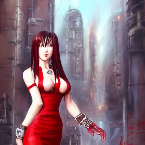 Image similar to oil painted portrait of tifa lockhart from from final fantasy 7 in her signature red dress with the steam punk city midgard as backdrop, by master artist yoshitaka amano trending on artstation