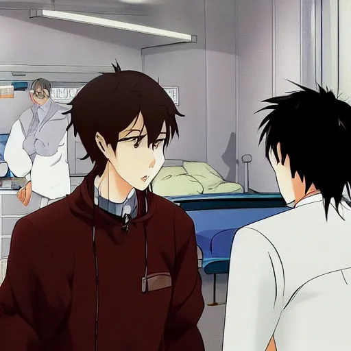 Image similar to a cute and beautiful young lady wearing white coat are talking with a handsome young man wearing white coat in a hospital ward, highly detailed, slice of life anime, illustration, anime scenery by Makoto shinkai