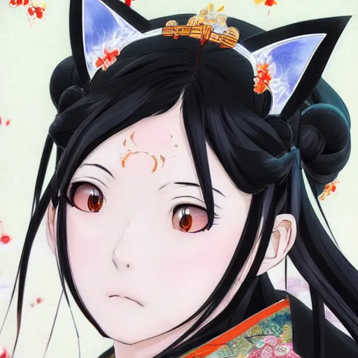 Prompt: A close-up anime portrait of Ssunbiki as a noble Japanese lady with fox ears wearing a silk kimono from Skyrim, by a professional manga illustrator, Stanley Artgerm Lau, WLOP, Rossdraws, James Jean, Andrei Riabovitchev, Marc Simonetti, and Sakimichan, tranding on artstation