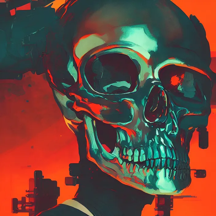 Image similar to a colorful comic noir illustration painting of a cyberpunk skull by sachin teng and sergey kolesov and ruan jia and heng z. hyper detailed. octane render. trending on artstation