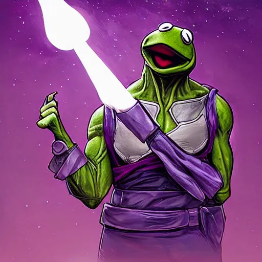 Prompt: kermit the frog as thanos by ross tran