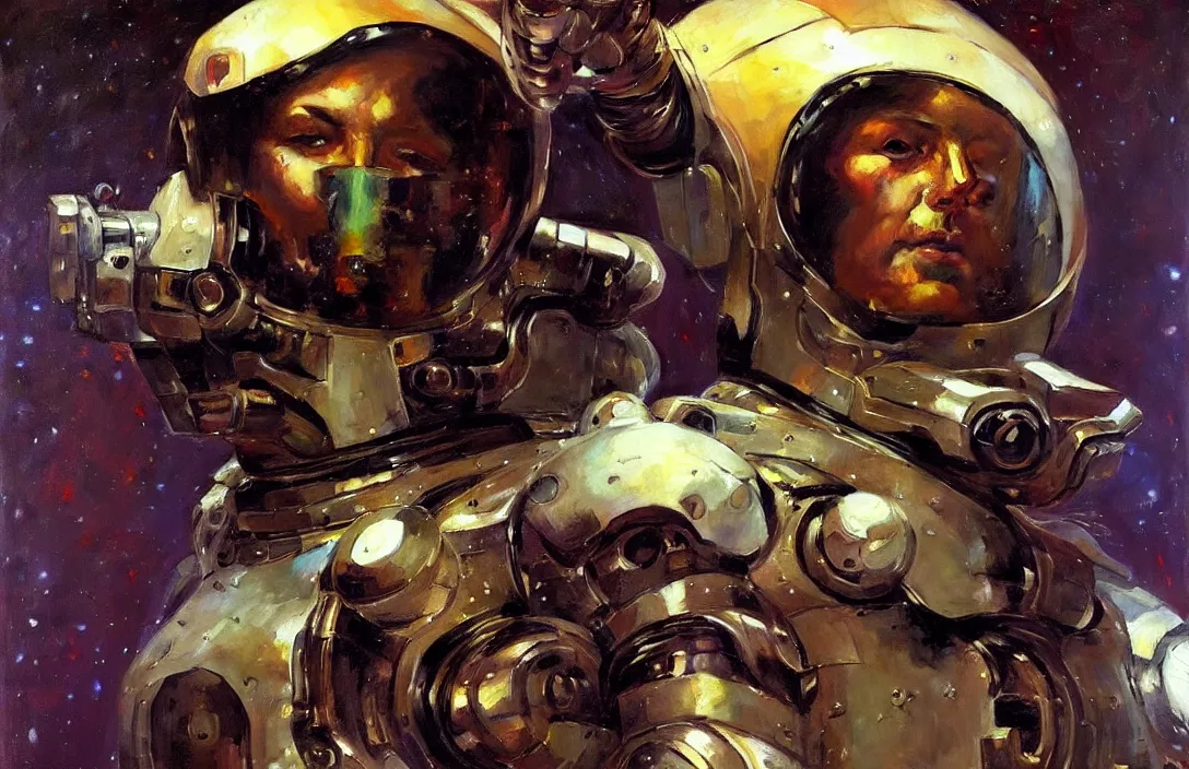 Image similar to portrait of futuristic space robot!!!!!!!!!!!!!!!!!!!!!!!!!!!, detailed face, detailed painting, epic lighting, by ilya repin, phil hale and kent williams