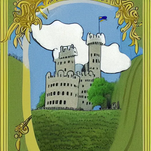 Image similar to A beautiful digital art of a castle in the clouds. graphic design by Maurice Sendak delicate
