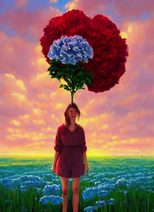 Image similar to portrait of a woman with a giant carnation as a face, flower field, surreal photography, sunset dramatic light, impressionist painting, colorful clouds, blue sky, digital painting, artstation, simon stalenhag