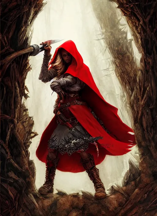 Image similar to digital _ picture _ little red riding hood, the wolf slayer _ filipe _ poles _ and _ justin _ gerard _ symmetrical _ fantasy _ very _ detailed _ realistic _ complex _ clear focus