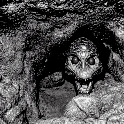 Image similar to photo inside a cavern of a wet reptilian humanoid partially hidden behind a rock, with black eyes, open mouth and big teeth