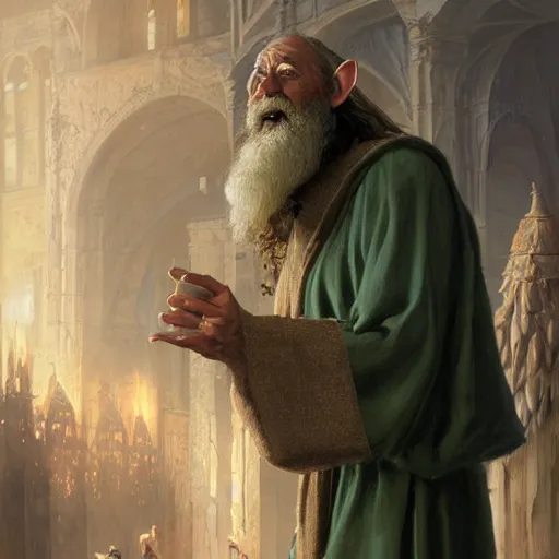 Prompt: A middle aged elf, wrinkled olive skin, brown hair and a raised hand, long beard, blue robes with clocks on, detailed face, highly detailed, cinematic lighting, digital art painting by greg rutkowski.