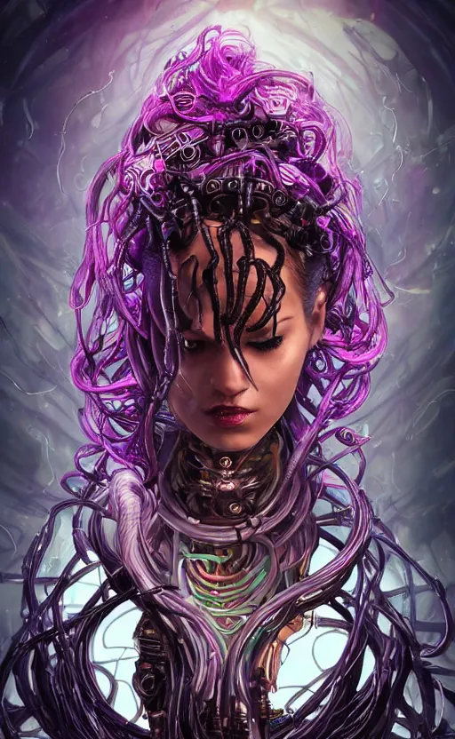 Prompt: An epic fantasy comic book style portrait painting of a very beautiful nebulapunk Medusa with symmetrical facial features and lots of cyberpunk and cybernetic bio-luminiscent snakes as hair, awesome pose, centered, full body, vibrant dark mood, unreal 5, hyperrealistic, octane render, cosplay, RPG portrait, Sci-fi, arthouse, dynamic lighting, intricate detail, cinematic, HDR digital painting, 8k resolution, enchanting, otherworldly, sense of awe, award winning picture, Hyperdetailed, blurred background, airbrush, backlight, 3d rim light, Gsociety, trending on ArtstationHQ, dreamscape.