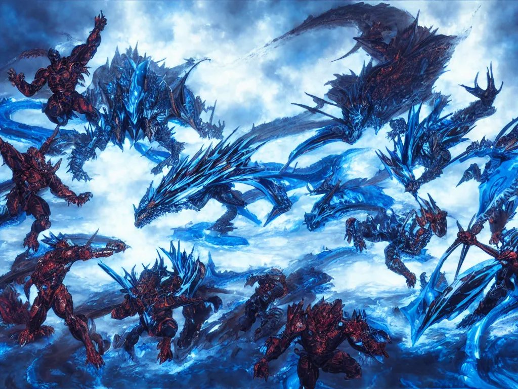 Prompt: battle between ice dragons and fire dragaons, cinematic lighting, epic proportions, collaborative painting by greg ruthowski, michael whelan, yoji shinkawa, collaboarative artwork, exquisitely high quality and detailed, artstation