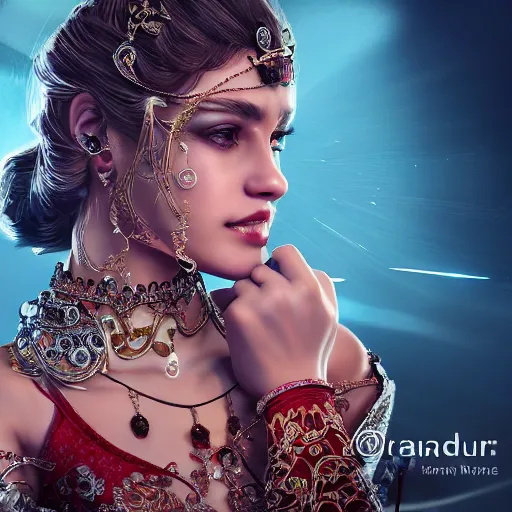 Image similar to photograph of wonderful princess with smooth fair skin, alluring eyes, red jewelry, breathtaking, elegant, ornate, intricate, hyper detailed, accent lighting, dramatic light, 4 k octane render