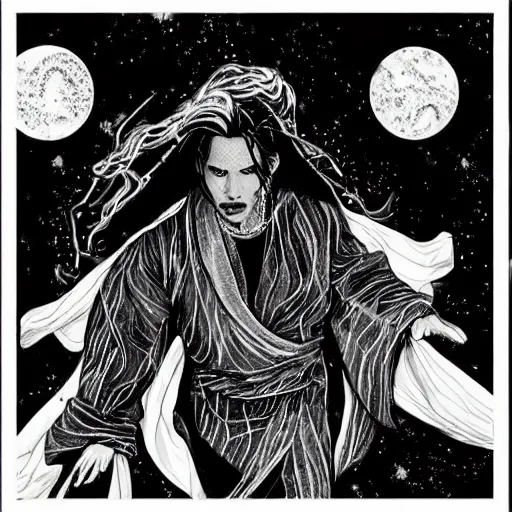 Image similar to black and white pen and ink!!!!!!! Johnny Depp x Ryan Gosling wearing cosmic space robes made of stars final form flowing royal hair golden!!!! Vagabond!!!!!!!! floating magic swordsman!!!! glides through a beautiful!!!!!!! Camellia flower battlefield dramatic esoteric!!!!!! Long hair flowing dancing illustrated in high detail!!!!!!!! by Moebius and Hiroya Oku!!!!!!!!! graphic novel published on 2049 award winning!!!! full body portrait!!!!! action exposition manga panel black and white Shonen Jump issue by David Lynch eraserhead and beautiful line art Hirohiko Araki!! Rossetti, Millais, Mucha, Jojo's Bizzare Adventure