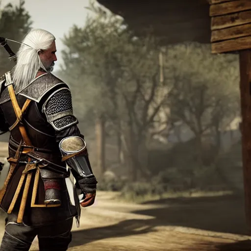 Prompt: Geralt of Rivia in Assasin's Creed, screenshot, pc game