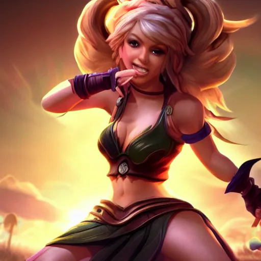 Image similar to shakira as a character in the game league of legends, with a background based on the game league of legends, detailed face