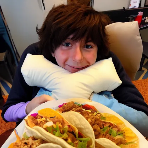 Image similar to isaak newton hugging an anime body pillow while eating tacos