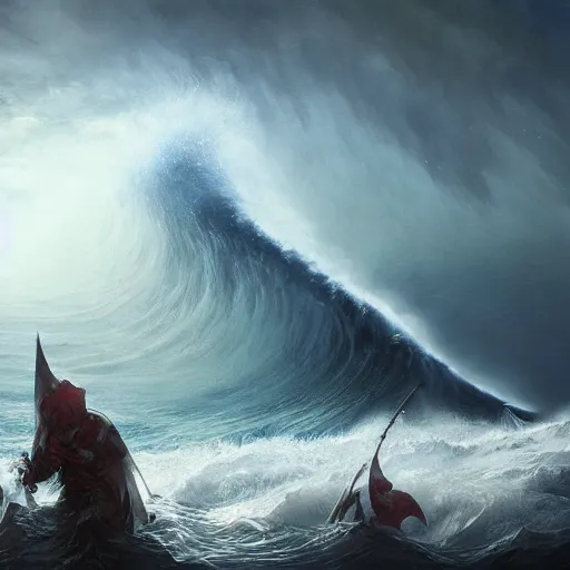 Image similar to tsunami attack, sea, epic fantasy style, in the style of Greg Rutkowski, mythology artwork