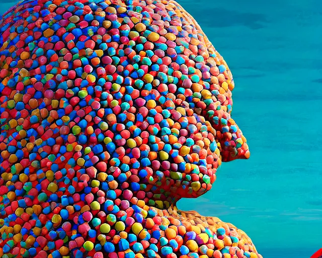 Image similar to a long shot of a giant award winning sculpture made out of tons of inflatable pool toys in the shape of a human head, on the surface of the ocean, in the style of chad knight, hyper detailed, hyper realistic, ray tracing, 8 k resolution, sharp focus, realistic water