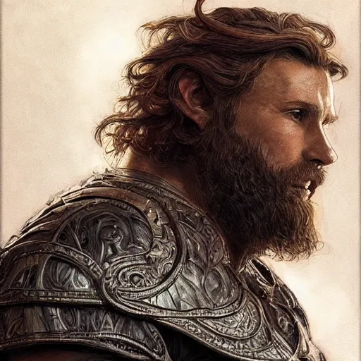 Image similar to portrait of a ruggedly handsome paladin, soft hair, muscular, half body, leather, hairy, d & d, fantasy, intricate armor, elegant, highly detailed, digital painting, artstation, concept art, smooth, sharp focus, illustration, art by artgerm and greg rutkowski and alphonse mucha