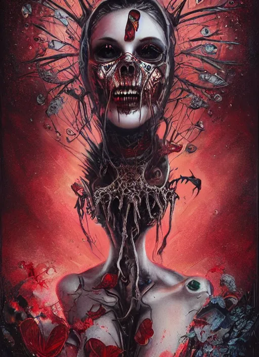 Image similar to queen of hearts, alien, skull, highly detailed, cinematic, 8 k, by megan duncanson, benjamin lacombe, adrian borda, stanley artgermm, tom bagshaw, craig mullins, carne griffiths, ayami kojima, beksinski, giger, trending on deviantart, hyper detailed, horror, full of colour