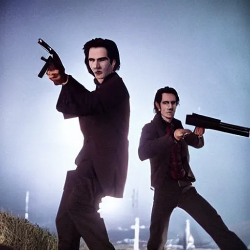 Image similar to <movie still quality=high lighting=awesome>Vampires Holding Guns</movie>