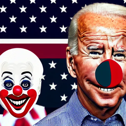 Image similar to Joe Biden with clown make-up all over his face inside a circus