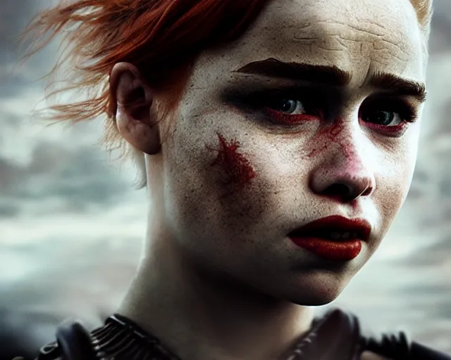 Image similar to 5 5 mm portrait photo of young redhead short hair emilia clarke with war face paint, dark atmosphere. art by greg rutkowski. highly detailed 8 k. intricate. lifelike. soft light. nikon d 8 5 0.