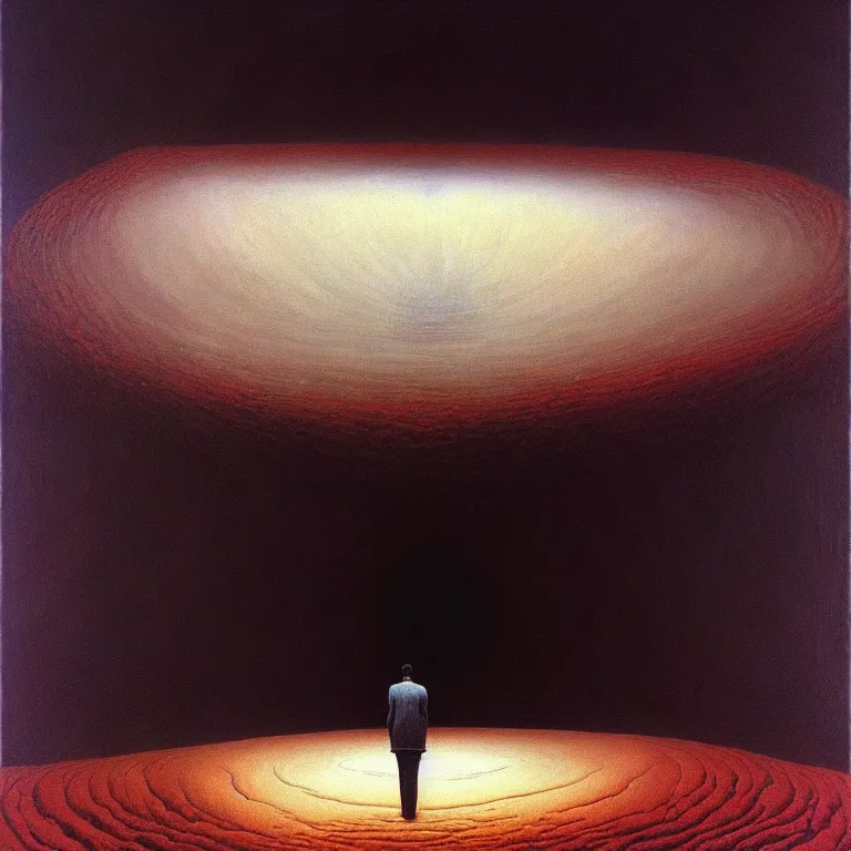 Prompt: a man looks into his own painting and sees a black hole, by zdzisław beksinski and salvador dali, surreal, oil on canvas, hyper detailed