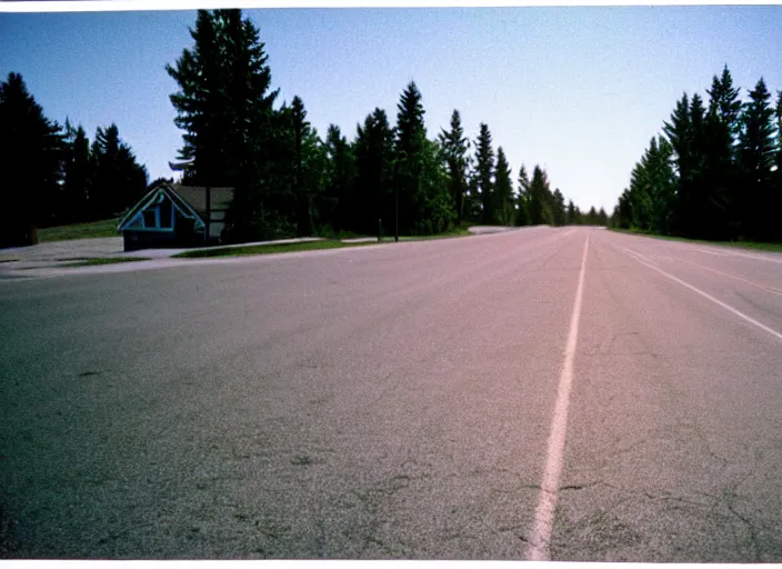 Image similar to A disposable camera picture of an empty street in a small rural Canadian suburb, Kodak Fling 200, 1983