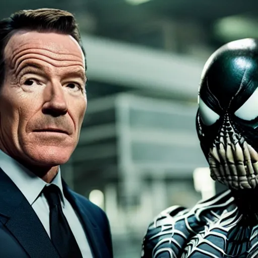 Prompt: still of Bryan Cranston as Carlton Drake, Riot symbiote from Venom (2018), night time, 4k