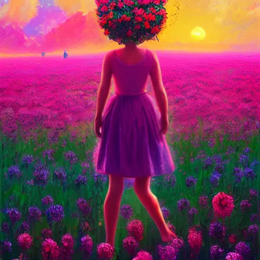 Image similar to head made of giant flowers, girl dancing barefoot in a vast flower field, arms behind back, surreal photography, sunrise dramatic light, impressionist painting, colorful clouds, large sky, digital painting, artstation, simon stalenhag, flower face
