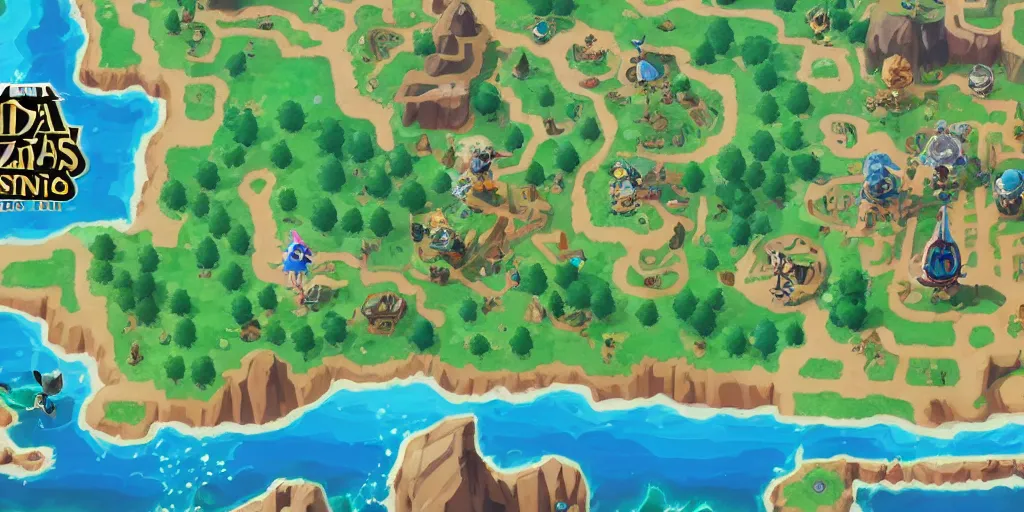 Prompt: tunic the video game map in the style of animal crossing meets legend of zelda breath of the wild