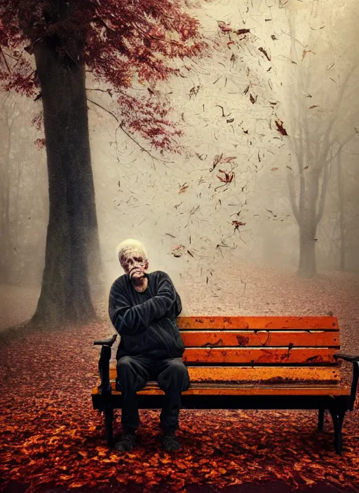 Image similar to man crumbles into leaves. conceptual photography portrait of an old man on a park bench falling apart into leaves, autumn tranquility, forgetfulness, fading to dust and leaves, oblivion, inevitability, aging, surreal portrait, moody, by tom bagshaw, cold, 4 k