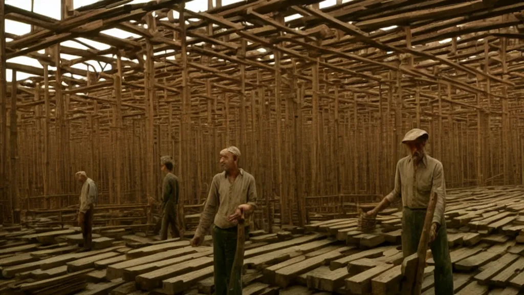 Image similar to a man working in a wood factory made of wood, film still from the movie directed by wes anderson with art direction by zdzisław beksinski and m. c. escher, wide lens