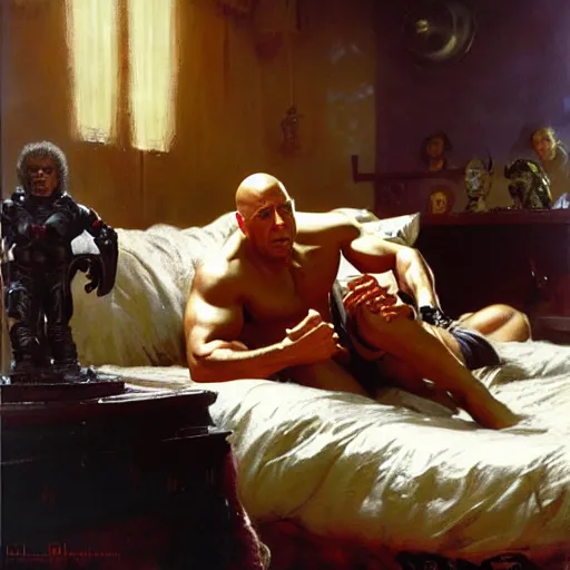 Prompt: vin diesel is in his bed, nervous and terrified, because little richard from hell is attacking him. highly detailed painting by gaston bussiere, j. c. leyendecker, greg rutkowski, craig mullins 8 k