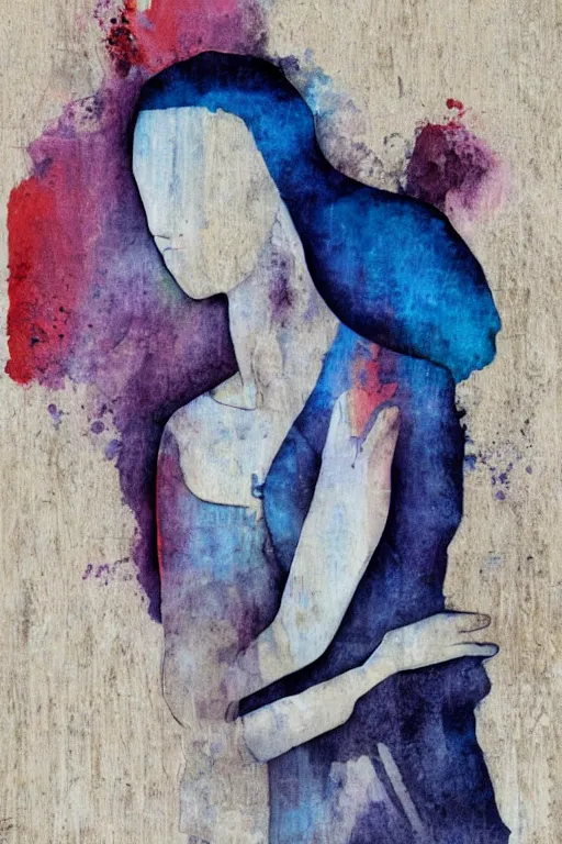 Prompt: woman in a blue dress and white cardigan, portrait, driftwood sculpture, ink wash, redshift render, ink blot, vivid colors, classical sculpture, on canvas, colored pencils, happy, pop