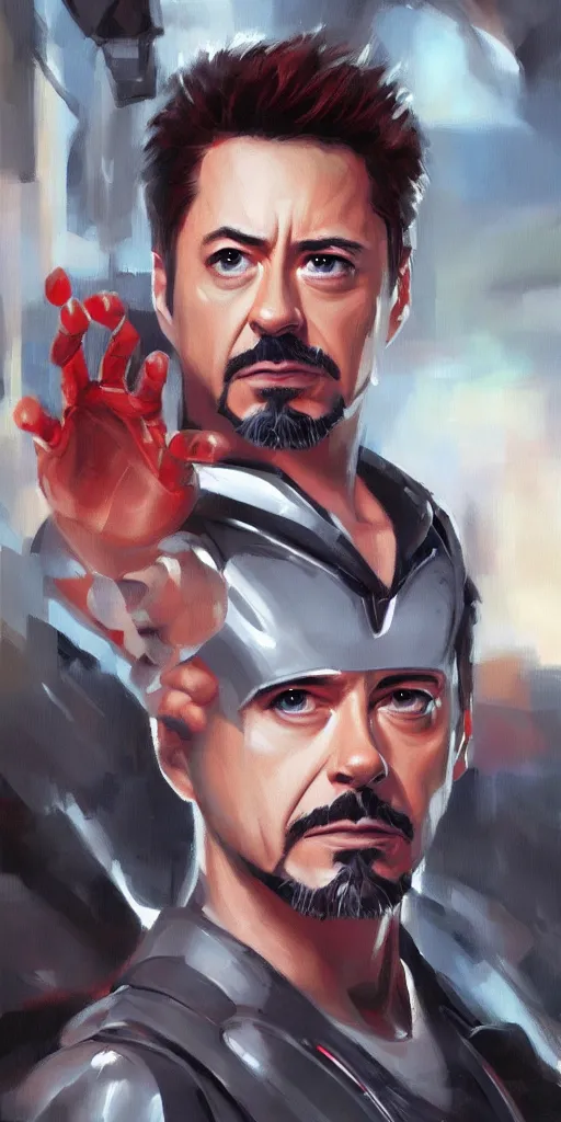 Image similar to concept art of tony stark, cinematic shot, oil painting by jama jurabaev, extremely detailed, brush hard, artstation, high quality, brush stroke