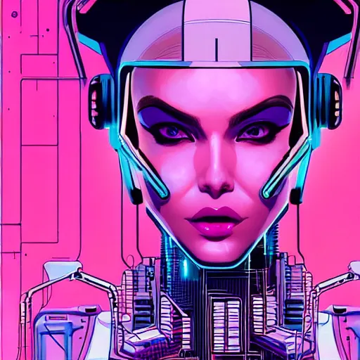 Image similar to a portrait of a beautiful cybernetic woman connected to a synthesizer from hell, wires, cyberpunk concept art by josan gonzales and jean claude meziere and syd mead